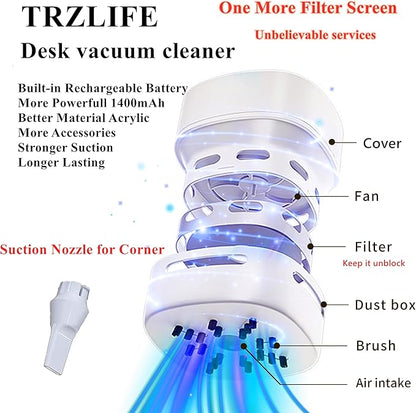 TRZLIFE USB Desk Vacuum, Office & Home Desktop Cleaner, Ideal Gift | Type-C cordless mini vacuum, strong suction for office desks & home countertops. Sleek office-home accessory for holiday gift