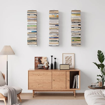 Wawocs Invisible Bookshelves for Wall, 8 Tier Floating Bookshelf Made of Heavy Duty Metal, Vertical Spine Book Tower Hanging Wall Bookshelf, Floating Book Shelves for Wall, 4 Pack White