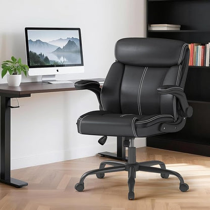 AnyGod 1Pcs Office Chair for Men Women Home Office Pu Leather 360 Swivel Rocking Function Ergonomic Chair with Flip-Up Arms Lumbar Support Rolling Wheels Adjustable Height -Black Size