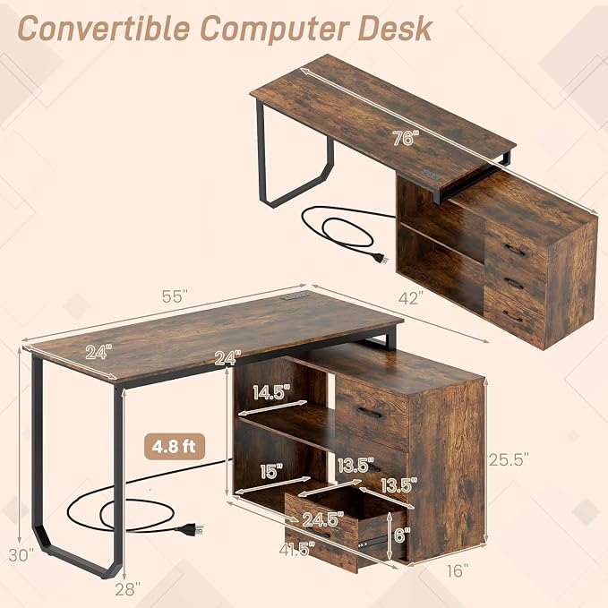 GOFLAME Reversible L Shaped Computer Desk with Charging Station, 55” Home Office Desk with 3 Drawers, 3-Level Adjustable Shelf, Convertible Study Writing Desk for Small Space, Rustic Brown