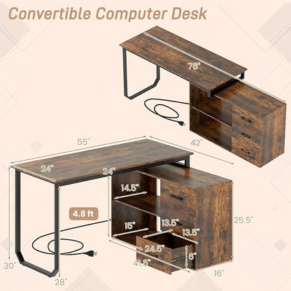 GOFLAME Reversible L Shaped Computer Desk with Charging Station, 55” Home Office Desk with 3 Drawers, 3-Level Adjustable Shelf, Convertible Study Writing Desk for Small Space, Rustic Brown