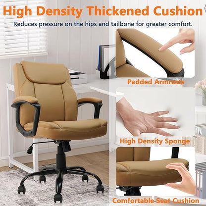 CLATINA Leather Office Executive Chair with Lumbar Support and Padded Armrestes, Swivel Rolling Ergonomic Mid Back Computer Task Desk Chair for Home, Conference, Waiting Room, Brown