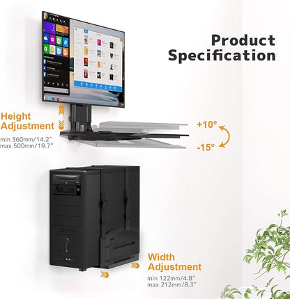 Monitor and Keyboard Wall Mount with CPU Holder for 32" Monitors (55 lbs Max), Keyboard Tray (4.4 lbs Load) & CPU Holder (22 lbs Capacity) - Height Adjustable, with Mouse Pad, VESA75/100