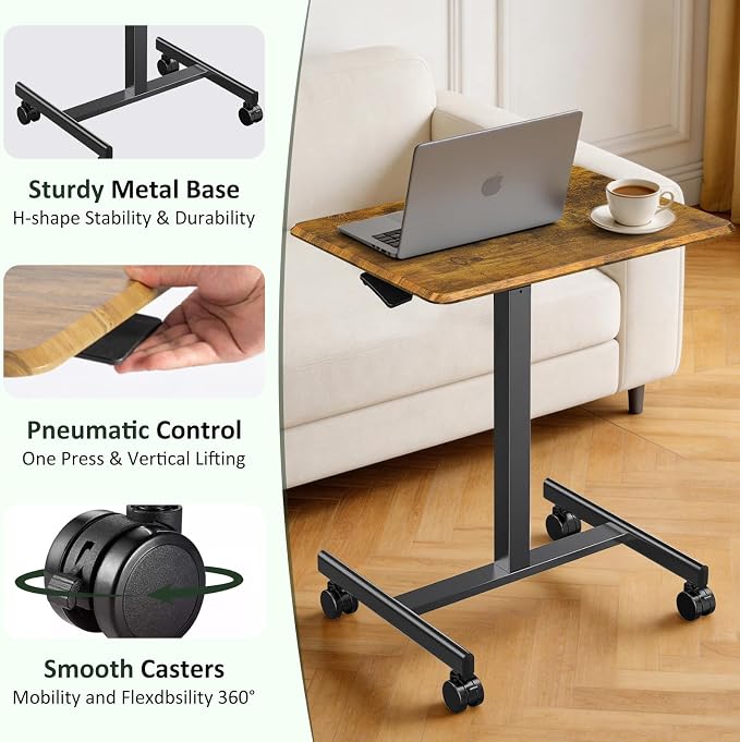 Adjustable Height Mobile Standing Desk with Lockable Casters, Rolling Sit Stand Laptop Computer Desk, Portable Compact Workstation for Home Office Dorm, Brown