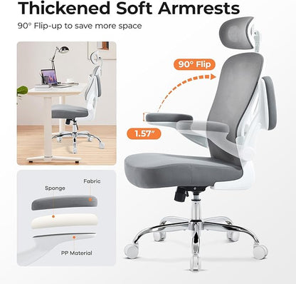 Office Chair Ergonomic Office Chair with Lumbar Support, Head Support, Rocking Function, Flip-up Armrests, Mesh High Back Chair Home Office Desk Chair, Suitable for Home Office, Grey, 1 Pk