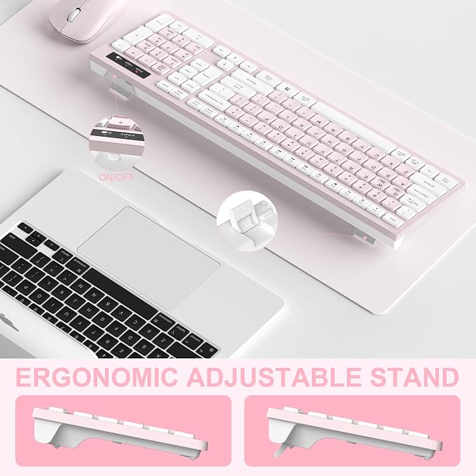 Wireless Keyboard and Mouse Combo, Reccazr 2.4G Full-Sized Keyboard and Mouse Cordless, 3 DPI Adjustable Mouse, Dual-System Keyboard for Computer/Laptop/Windows/Mac (Pink & White)