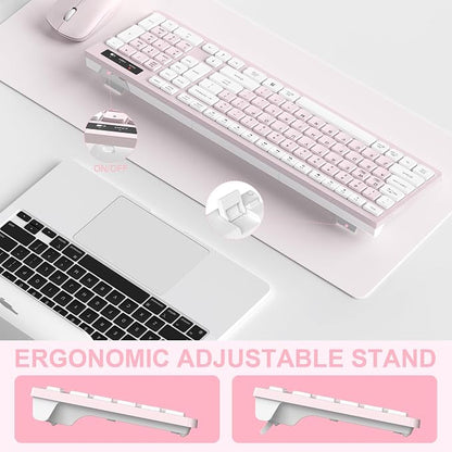 Wireless Keyboard and Mouse Combo, Reccazr 2.4G Full-Sized Keyboard and Mouse Cordless, 3 DPI Adjustable Mouse, Dual-System Keyboard for Computer/Laptop/Windows/Mac (Pink & White)