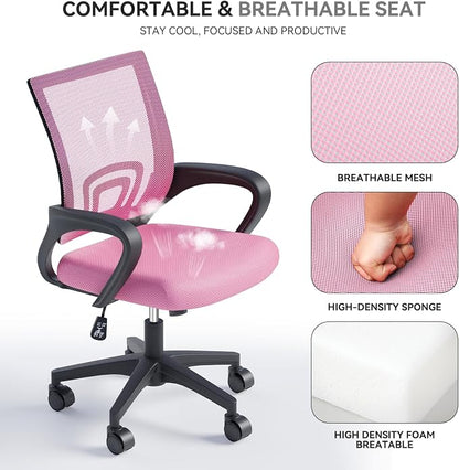 Office Chairs Set of 2, Ergonomic Mesh Desk Chairs with Lumbar Support, Adjustable Height Swivel Rolling Wheels for Home and Office Use, Pink