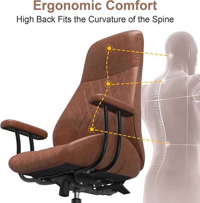 E-Ser Leather Desk Chair, Mid Century Modern Office Chair, Brown | Lumbar Support, Ergonomic, 360° Swivel, Rubber Rolling Wheels, Adjustable Height, for Adults