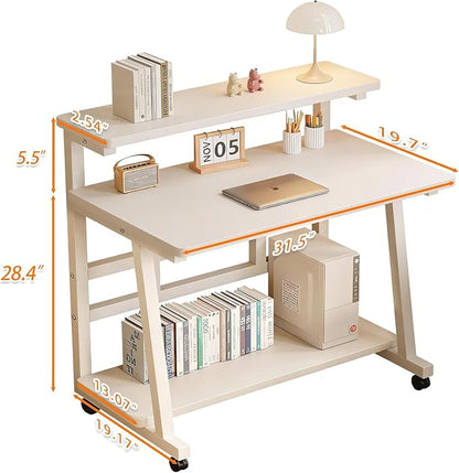 31.5 Inch Rolling Computer Desk for Small Spaces, Monitor Stand & 3-Tier Storage with Lockable Wheels, Easy Assembly for Bedroom, Dorm & Apartment