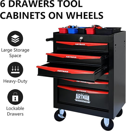 RYH 6 Drawers Rolling Tool Chest - Heavy Duty Mobile Tool Cart with Locking Wheels & Ball Bearing Drawers，30.5" H x 20.9" W x 13" D, Garage Tool Storage Cabinet (Black, 6 Drawers)