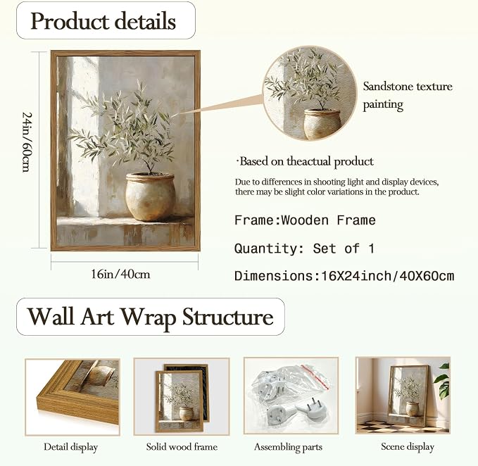 Framed Vintage Olive Tree Wall Art, Textured Sandstone Botanical Pictures Wall Decor, Rustic Neutral Potted Plant Paintings Prints Aesthetic Farmhouse Home Decor for Living Room Bedroom 16x24 inch
