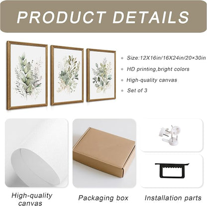 WRFON Framed Sage Green Botanical Wall Art Set of 3, Watercolor Eucalyptus & Wild Plant Canvas Prints, Minimalist Green Wall Decor for Living Room Bedroom Bathroom, 20x30 Inches