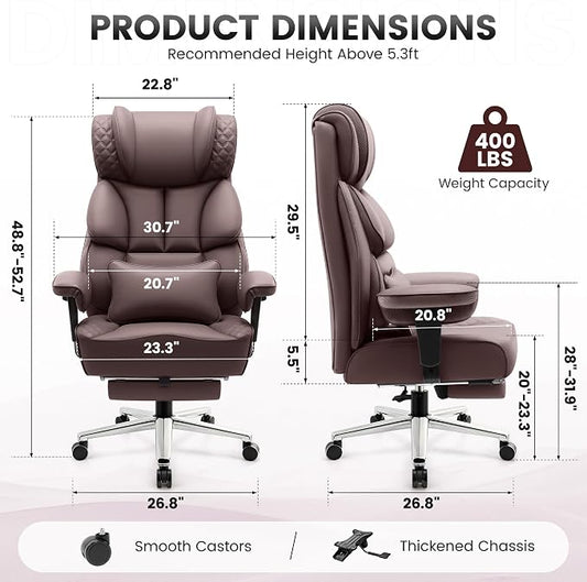 BestGlory Office Desk Chair, Big and Tall Leather Gaming Chair with Footrest, Wide Ergonomic Comfy Executive High-Back Reclining Computer Chairs, Swivel Rolling Wheels and Padded Lumbar Support,Coffee