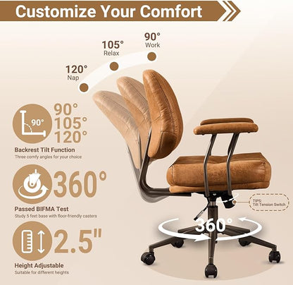 Ergonomic Home Office Chair, Mid-Century Faux Leather Home Office Desk Chairs with Wheels, Office Computer Chair with Rocking Swivel (Light Brown,Suede)