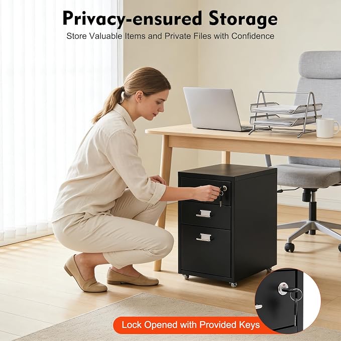3-Drawer Metal File Cabinet, Mobile File Cabinet with Lock, Rolling Vertical Filing Drawers Under Desk for Home Office, 11 * 16 * 18.3in (Black)