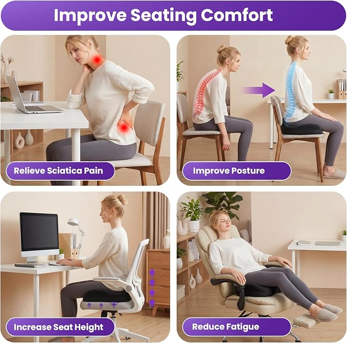 ZZ-WELL Seat Cushions for Office Chairs, Patented Pressure Relief Coccyx Cushion for Tailbone Pain, Memory Foam Butt Pillows for Wheelchair Car Sitting, Carrying Handle, Non-Slip (Black, Large)