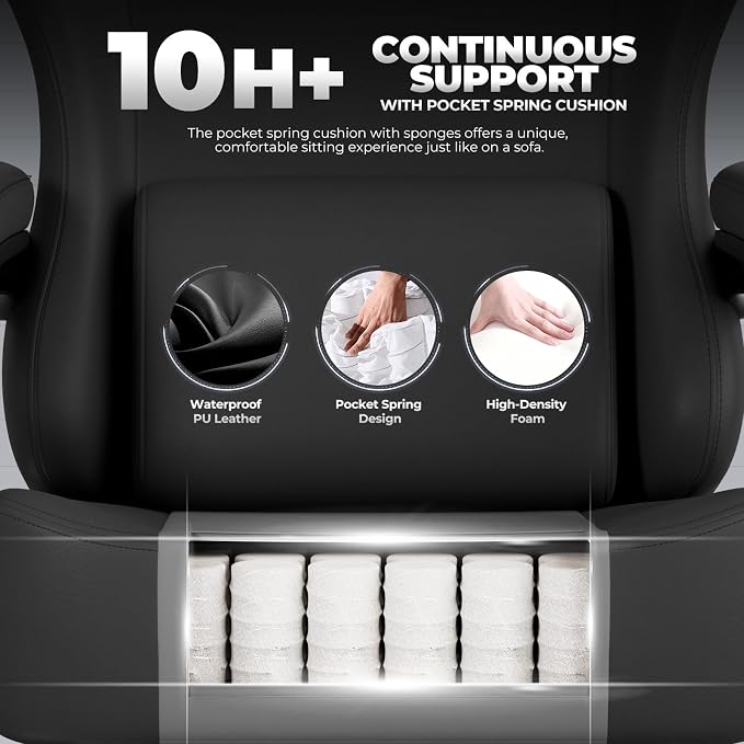 GTPLAYER Big and Tall Gaming Chair 400lbs Heavy Duty Office Chair with Footrest, High Back Pocket Spring Ergonomic Computer Chair for Adults, Wide Seated Cushion with Linkage Armrests, Leather Black