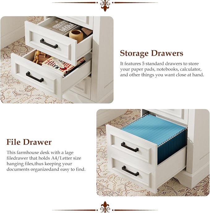 58" Executive Desk with 7 Drawers, Large Computer Desk with Charging Station , Wood Home Office Desk with File Drawer for Letter/A4 Size Hanging Files for Home Office, Rustic White and Rustic Brown