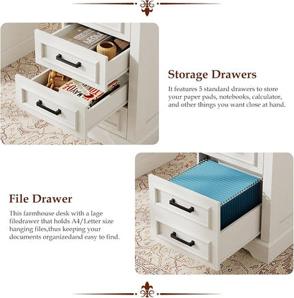 58" Executive Desk with 7 Drawers, Large Computer Desk with Charging Station , Wood Home Office Desk with File Drawer for Letter/A4 Size Hanging Files for Home Office, Rustic White and Rustic Brown