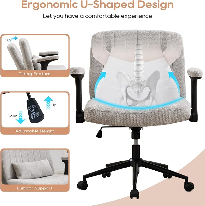 IPKIG Criss Cross Chair with Adjustable Flip-up Arms, Vanity Chair with Wheels, Comfy Desk Chair with Lumbar Pillow Swivel Wide Office Chair for Home Office, Bedroom, Chenille, Light Grey