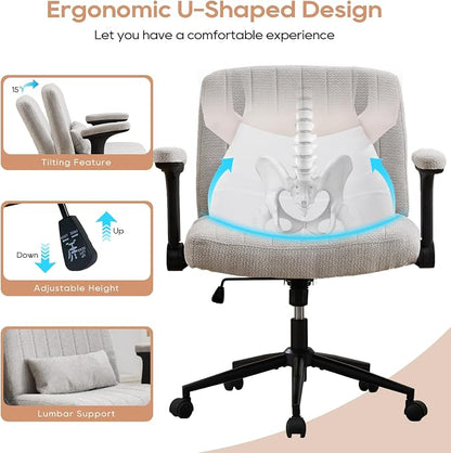IPKIG Criss Cross Chair with Adjustable Flip-up Arms, Vanity Chair with Wheels, Comfy Desk Chair with Lumbar Pillow Swivel Wide Office Chair for Home Office, Bedroom, Chenille, Light Grey