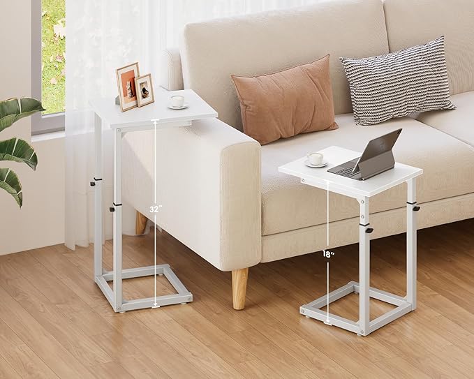 Vagusicc C Shaped End Table, 33"C Table End Table Adjustable Height, Small Side Table for Couch, Tv Tray Table for Small Spaces, Couch Table That Slide Under, Sofa Table for Living Room,Bedroom, White
