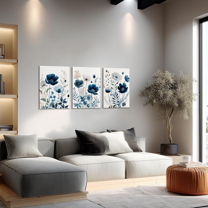 LLEEMPI Framed Navy Blue Floral Wall Art Set of 3, Modern Wildflower Wall Decor, Watercolor Botanical Canvas Paintings, Classic Minimalist Poster Prints for Bedroom Bathroom Office 12x16 Inch