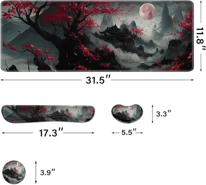 Desk Pad and Keyboard Wrist Rest,Janpense Large Mouse Pad + Keyboard Pad+Mouse Wrist Support, Non-Slip Desk Mat Protector for Office, Home 31.5×11.8 Inches Cherry Blossom