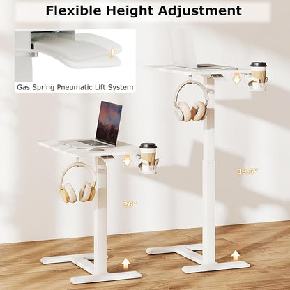 Tangkula Mobile Standing Desk, Pneumatic Height Adjustable Rolling Desk with Cup Holder & Headphone Hook, Overbed Table with Hidden Wheels, Laptop Computer Cart for Couch, Home, Office (White)