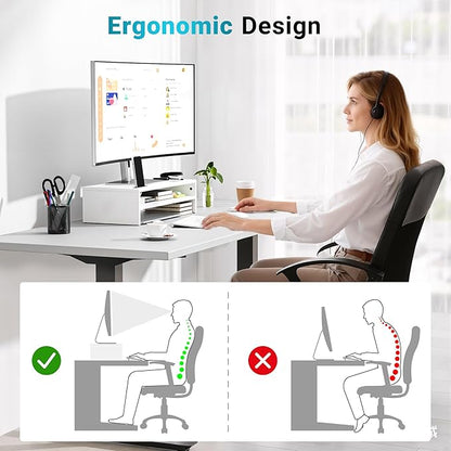 BONTEC Wood Monitor Stand Riser, 2-Tier Desktop Organizer with Storage, Ergonomic Computer Stand for Desk, Cable Management, Cellphone Holder, 21.3 Inch Shelf, White
