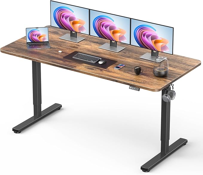 63" Electric Standing Desk Adjustable Height, Sit Stand up Desk for Home Office & Computer Workstation, 2 Memory Height Settings, Splice Board, 2 Hooks, Black Frame/Rustic Brown Top