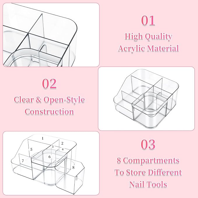 BQAN Transparent Acrylic Nail Desk Organizer, Drill & Brush Holder, Professional Storage Box for Nail Tools, Makeup, Eyeshadows, Skin Care