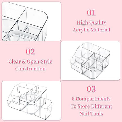 BQAN Transparent Acrylic Nail Desk Organizer, Drill & Brush Holder, Professional Storage Box for Nail Tools, Makeup, Eyeshadows, Skin Care