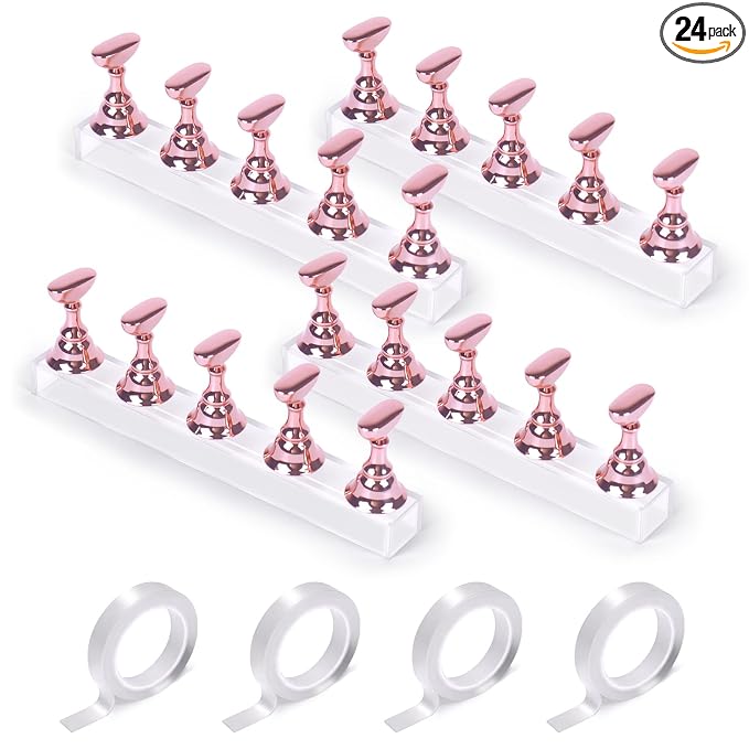 JUSTOTRY 4 Sets Pink Nail Painting Practice Stand With 1M Double-sided Tape Acrylic Fake Nail Art Holder For Press Ons Magnetic Nail Display Design Tools Kit Accessories For Home Diy Salon Supplies