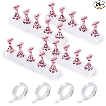 JUSTOTRY 4 Sets Pink Nail Painting Practice Stand With 1M Double-sided Tape Acrylic Fake Nail Art Holder For Press Ons Magnetic Nail Display Design Tools Kit Accessories For Home Diy Salon Supplies