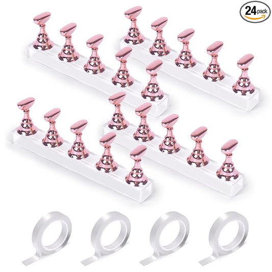 JUSTOTRY 4 Sets Pink Nail Painting Practice Stand With 1M Double-sided Tape Acrylic Fake Nail Art Holder For Press Ons Magnetic Nail Display Design Tools Kit Accessories For Home Diy Salon Supplies