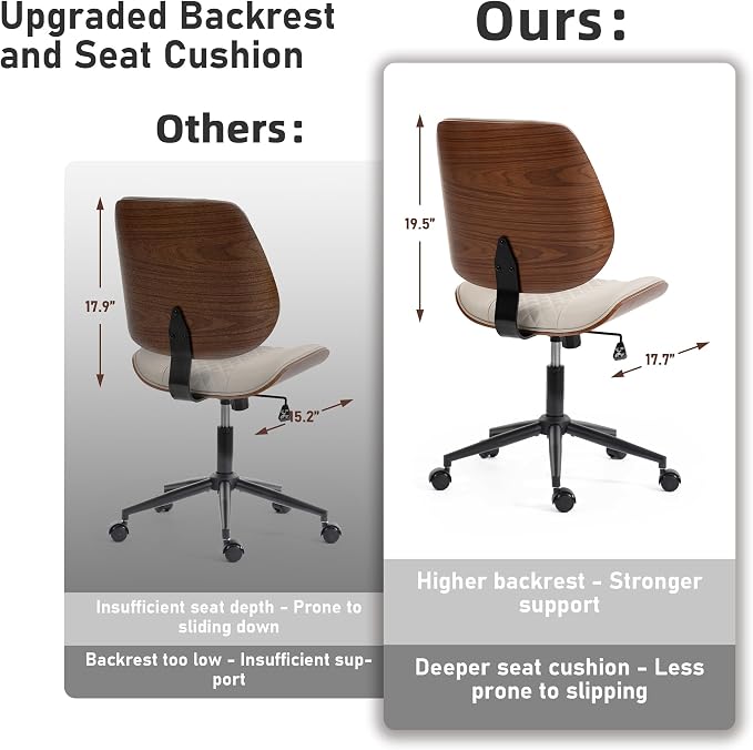 DYHOME Modern Walnut Home Office Chair with Wheels, Executive Office Desk Chair No Arms, Adjustable Height Small Desk Chair, Comfy PU, Deeper Cushion, Mid Back 360 Swivel Computer Chair, Beige