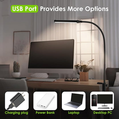 ShineTech LED Desk Lamp with Clamp, Clip On Desk Lamp for Home Office, 4000K Natural White & 11 Brightness Level, Flexible Gooseneck Architect Desk Light, Eye Caring Reading Lamp with USB Adapter