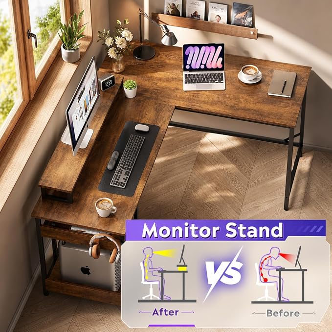 DEVAISE Spacious 55" L Shaped Gaming Desk with LED Lights and Power Outlets - Reversible Corner Computer Table with Monitor Stand and Storage Shelves for Work and Gaming, Rustic Brown
