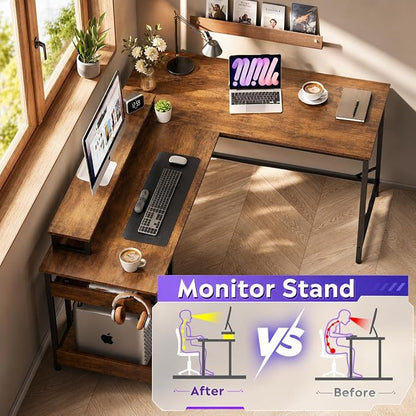 DEVAISE Spacious 55" L Shaped Gaming Desk with LED Lights and Power Outlets - Reversible Corner Computer Table with Monitor Stand and Storage Shelves for Work and Gaming, Rustic Brown