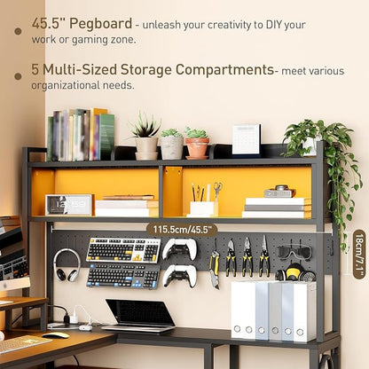 RALGEND 75" L Shaped Gaming Desk with Drawers, Computer Corner Desk with Storage Shelves for Home Office, Gaming Desk with Monitor Stand, Hutch, LED Light & Power Outlet, Black