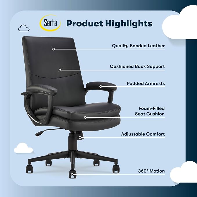 Serta Comfort Modern Executive Office Chair, Ergonomic Mid-Back Computer DeskChair, Semi Plush Cushion Seat, Double-Layer SertaQuality Foam, Padded Armrests, Metal Swivel Base, Bonded Leather, Black