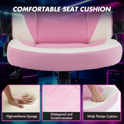 Sweetcrispy Computer Video Game Desk Chair: Ergonomic Comfy Lumbar Support, PU Leather with Flip-up Armrest, Height Adjustable and 360° Swivel, for Adults, Pink