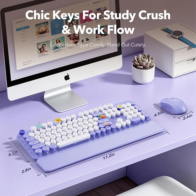 Wireless Keyboard and Mouse Combo, Full-Size Retro Typewriter Keyboard with Round Keycaps, Detachable Magnetic Wrist Rest, Tilt Legs, 2.4GHz Cordless for Mac, Windows PC, Laptop, SABLUTE CK23, Purple