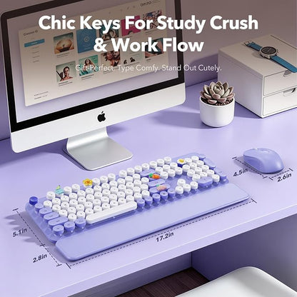 Wireless Keyboard and Mouse Combo, Full-Size Retro Typewriter Keyboard with Round Keycaps, Detachable Magnetic Wrist Rest, Tilt Legs, 2.4GHz Cordless for Mac, Windows PC, Laptop, SABLUTE CK23, Purple
