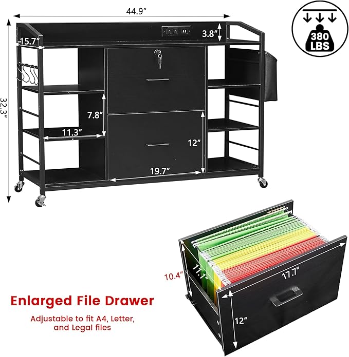 45" File Cabinet for Home Office, Mobile Office Storage Cabinet with Built-In Power Outlet, 2 Drawer Filing Cabinet with Lock, Shelves, Metal Hook, Storage Bag fits A4/Legal/Letter Size (Black)