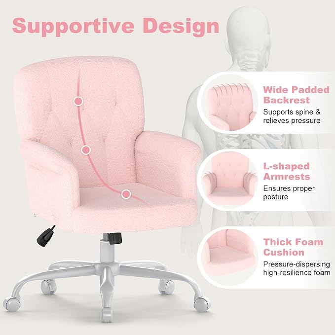 Comfy Home Office Desk Chair, Upholstered Fuzzy Vanity Chair with Wheels and Arms, Modern Adjustable Swivel Computer Seat for Make Up, Home Office, Living Room, Bedroom, Teddy Fleece, Pink