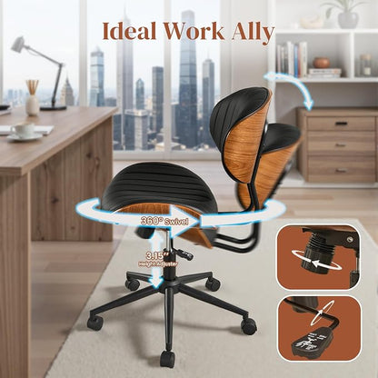 Home Office Desk Chair with Wheels, Adjustable Height Armless Desk Chairs, PU Leather Mid Back 360° Small Computer Chair for Study Meeting Makeup Room (Black Stripe)