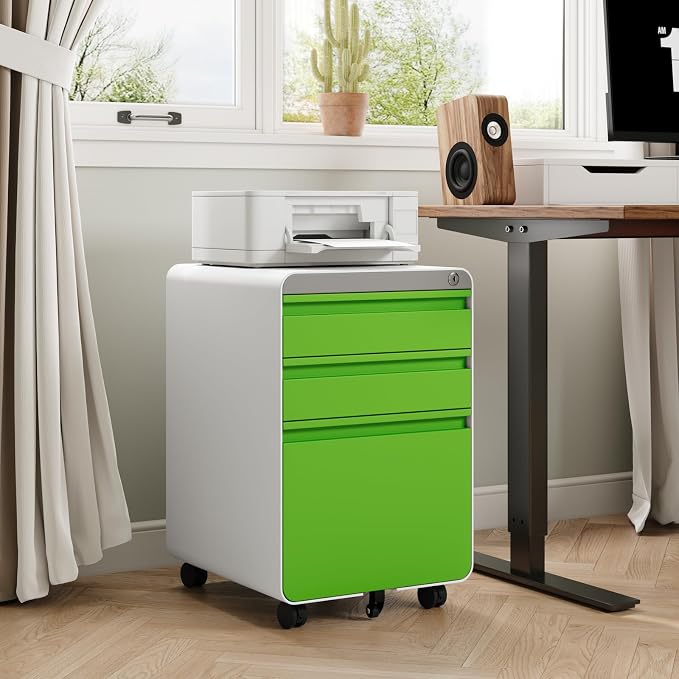 Dripex 3 Drawer Green File Cabinet, Mobile Under Desk Storage File Cabinet with Lock on Wheels, Letter/Legal Size, Fully Assembled, Small Short Vertical Metal Rolling Filing Cabinets for Home Office